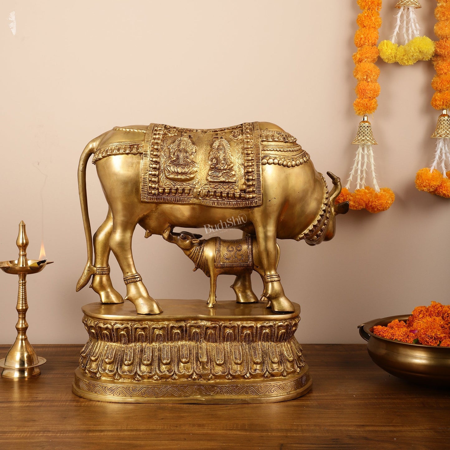 Brass Large Kamdhenu Cow with Calf Idol - 22 Inch