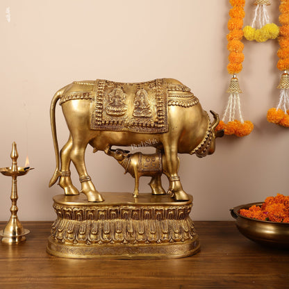 Brass Large Kamdhenu Cow with Calf Idol - 22 Inch