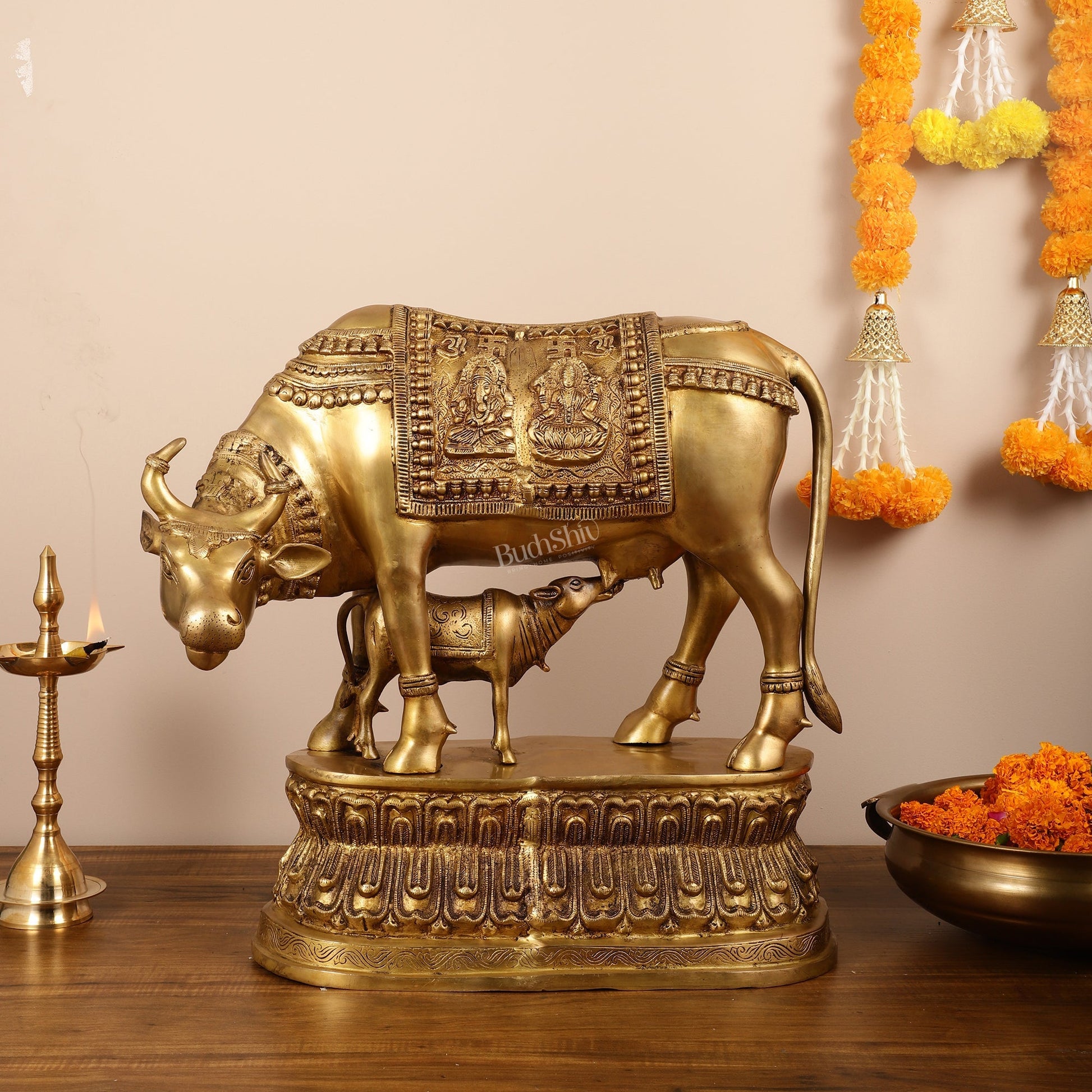 Brass Large Kamdhenu Cow with Calf Idol - 22 Inch