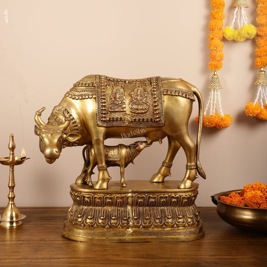 Brass Large Kamdhenu Cow with Calf Idol - 22 Inch