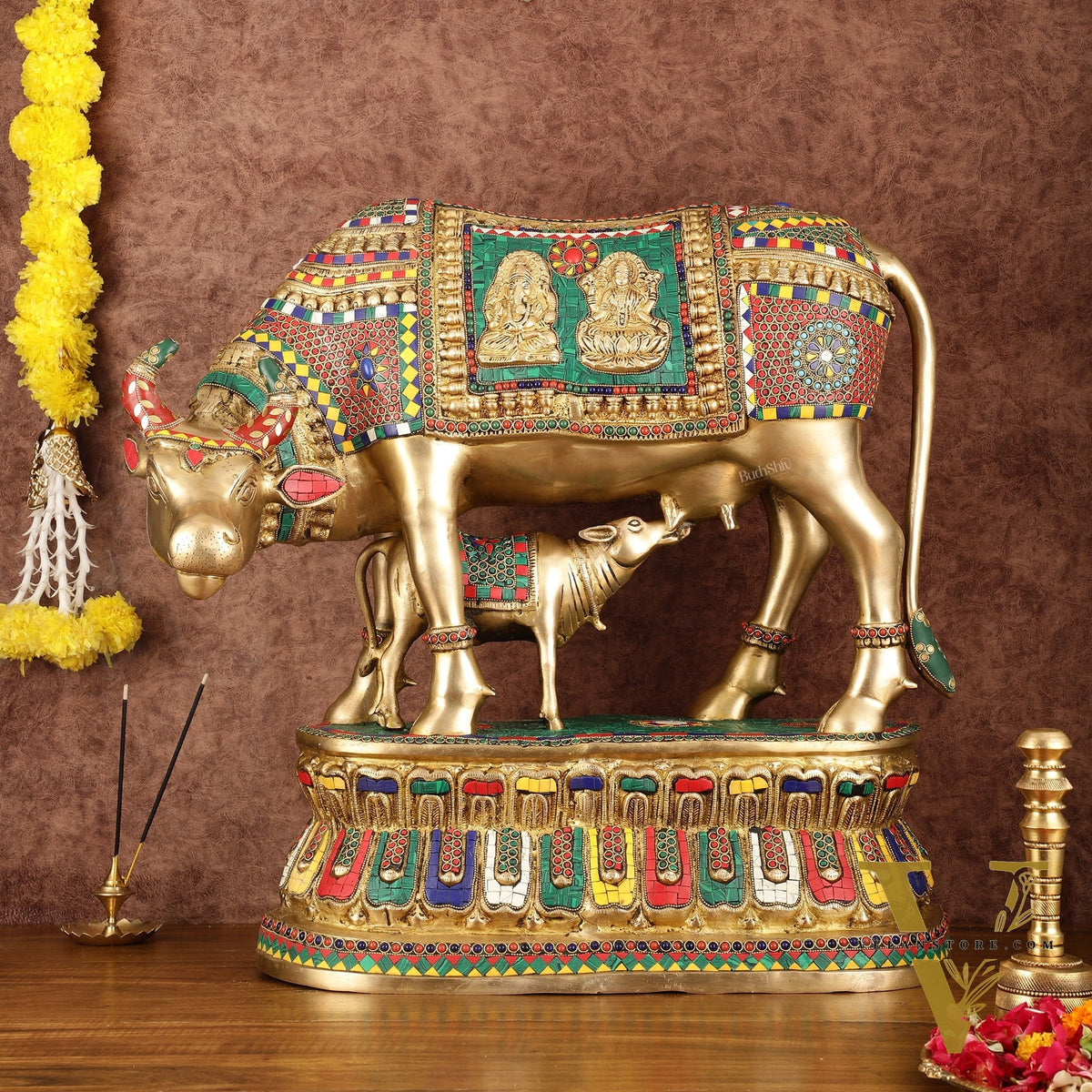 Brass Large Kamdhenu Cow with Calf Idol with Stonework - 21" x 22"