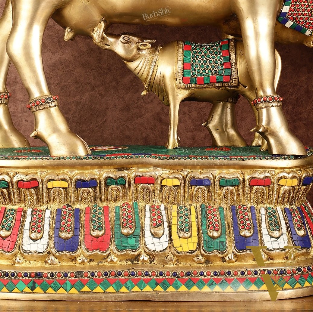 Brass Large Kamdhenu Cow with Calf Idol with Stonework - 21" x 22"