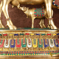 Brass Large Kamdhenu Cow with Calf Idol with Stonework - 21" x 22"