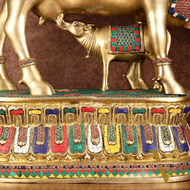 Brass Large Kamdhenu Cow with Calf Idol with Stonework - 21" x 22"