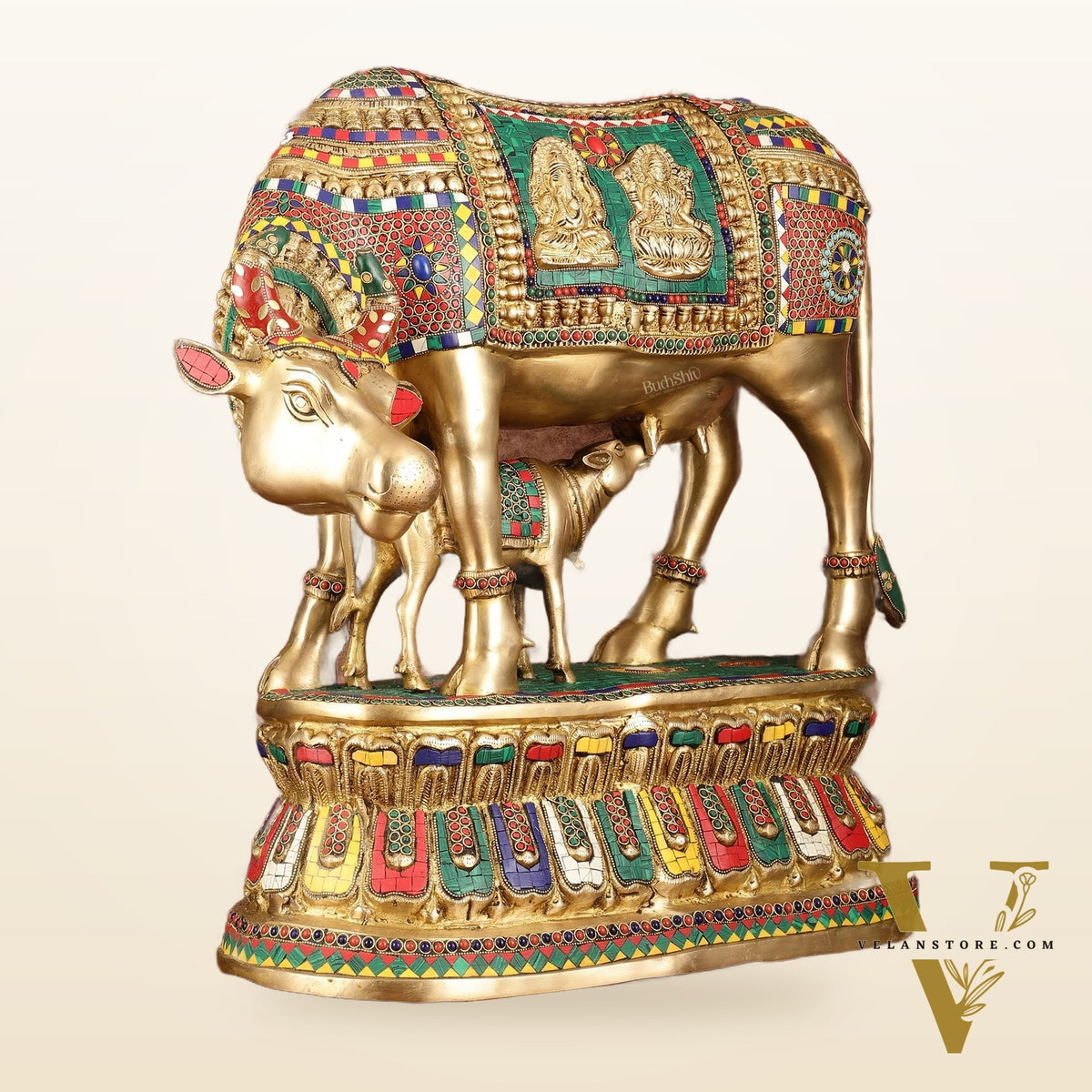 Brass Large Kamdhenu Cow with Calf Idol with Stonework - 21" x 22"