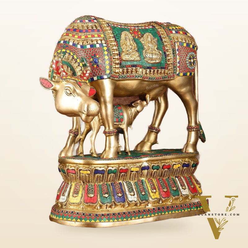 Brass Large Kamdhenu Cow with Calf Idol with Stonework - 21" x 22"