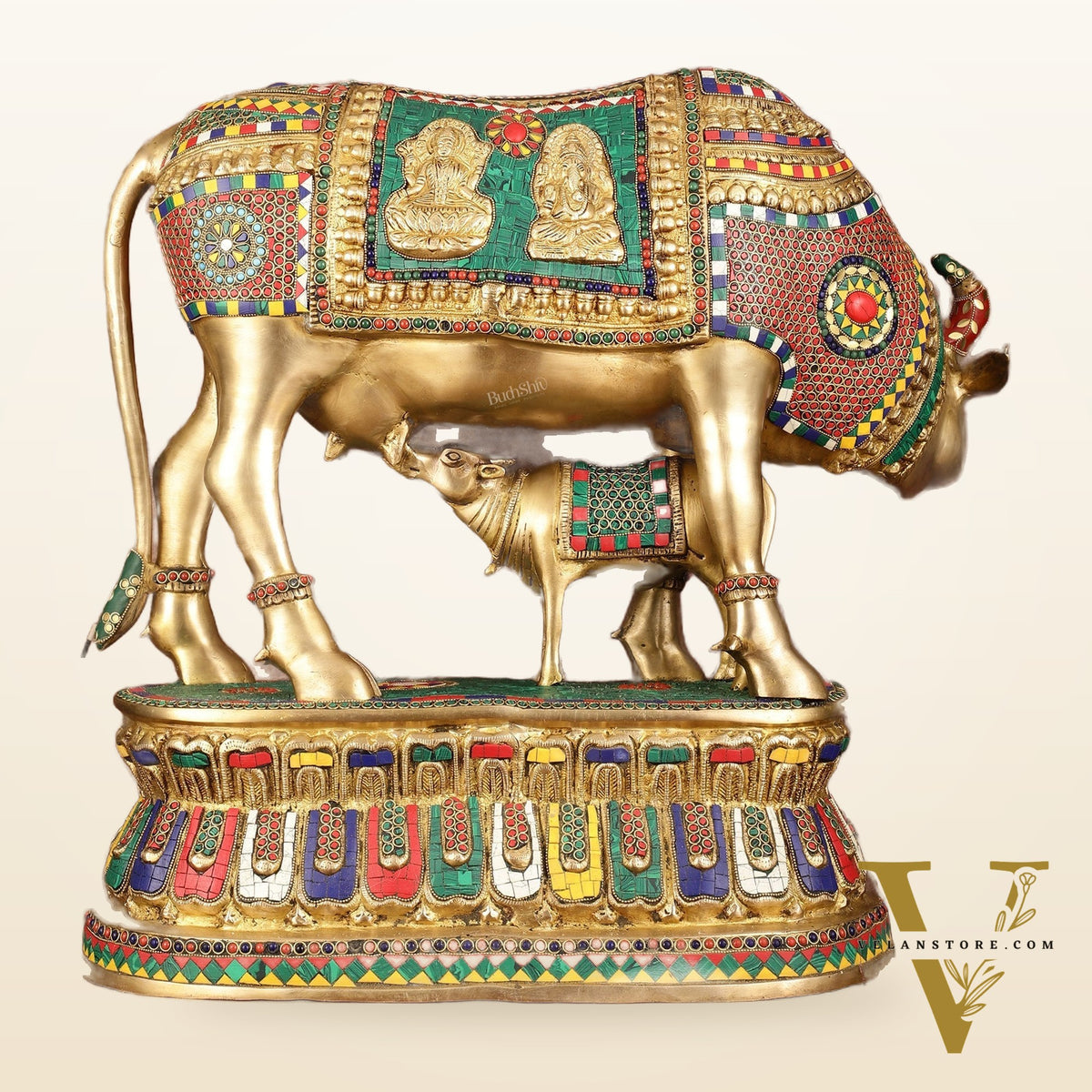 Brass Large Kamdhenu Cow with Calf Idol with Stonework - 21" x 22"