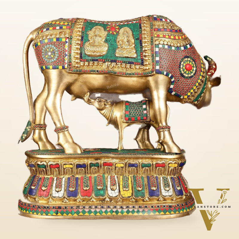 Brass Large Kamdhenu Cow with Calf Idol with Stonework - 21" x 22"