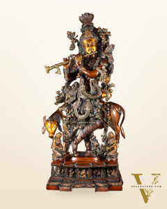 Brass large Krishna with cow statue 28" double chola tone