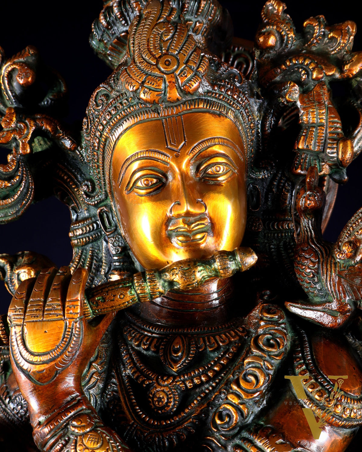 Brass large Krishna with cow statue 28" double chola tone