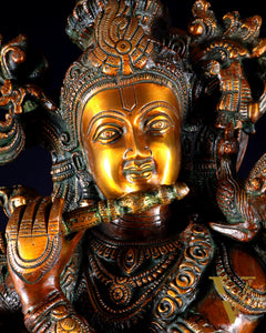 Brass large Krishna with cow statue 28" double chola tone
