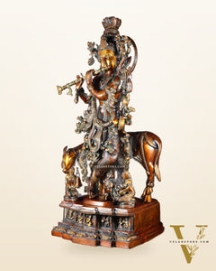 Brass large Krishna with cow statue 28" double chola tone