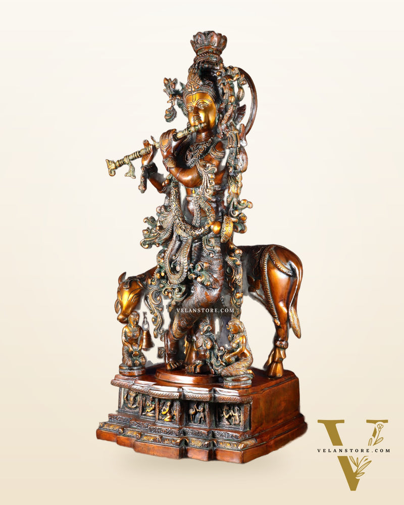 Brass large Krishna with cow statue 28" double chola tone