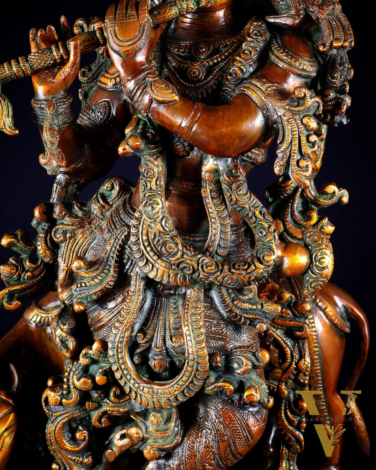 Brass large Krishna with cow statue 28" double chola tone