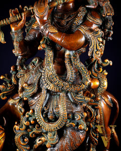 Brass large Krishna with cow statue 28" double chola tone