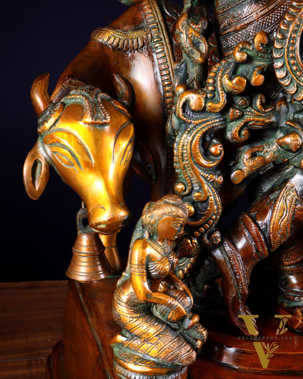 Brass large Krishna with cow statue 28" double chola tone
