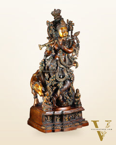 Brass large Krishna with cow statue 28" double chola tone