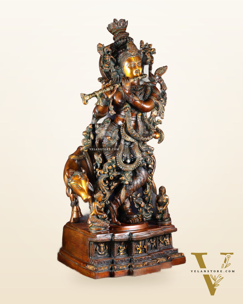 Brass large Krishna with cow statue 28" double chola tone