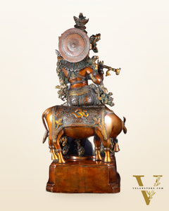 Brass large Krishna with cow statue 28" double chola tone