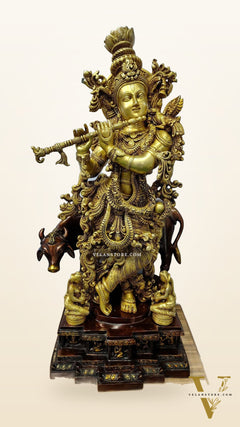 Brass large Krishna with cow statue 28"