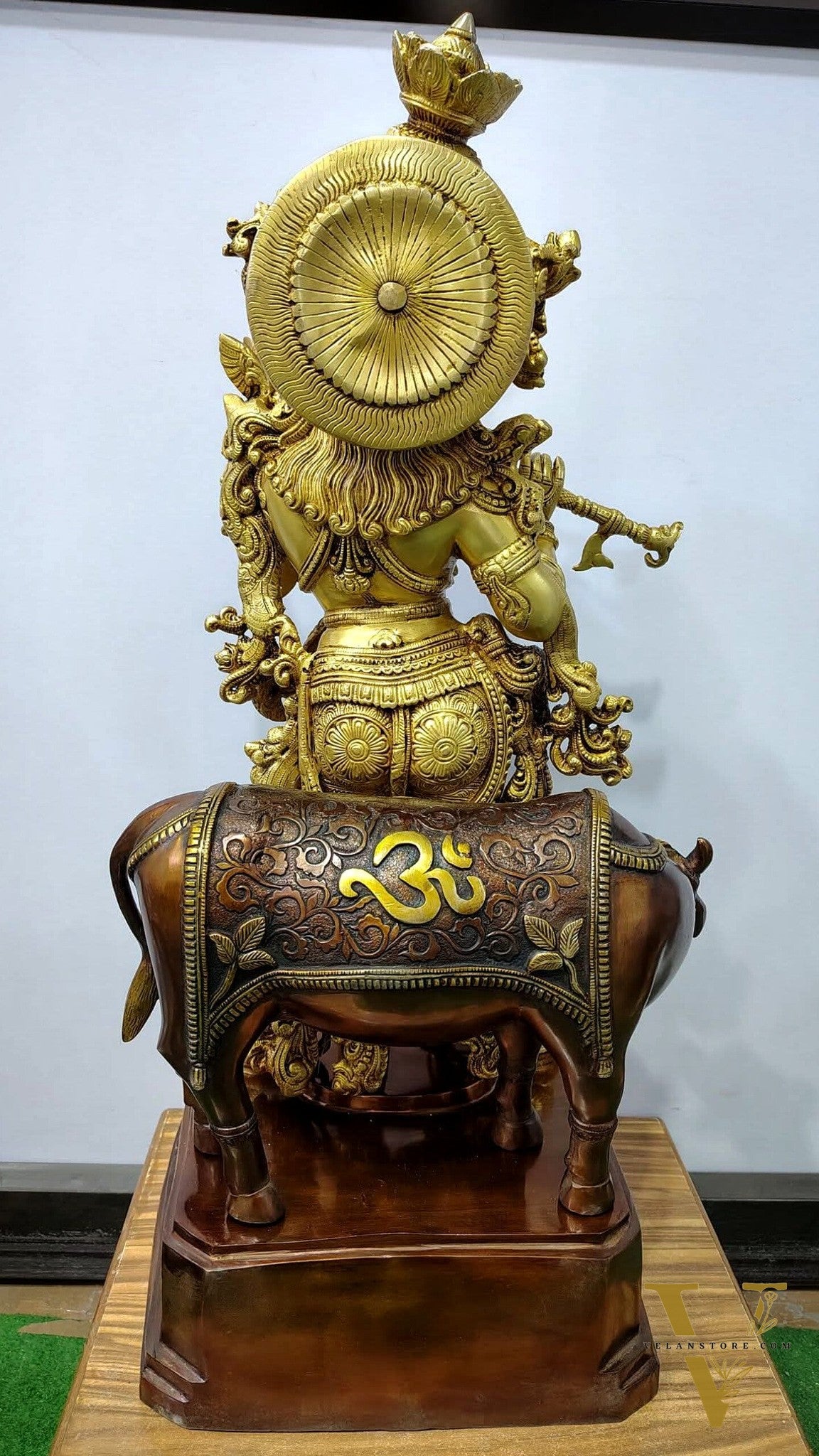 Brass large Krishna with cow statue 28"