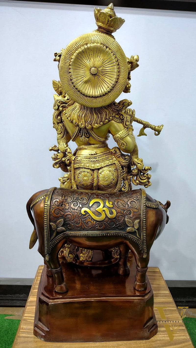 Brass large Krishna with cow statue 28"