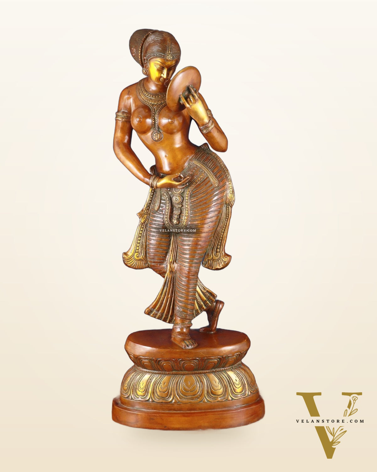 Brass Large Lady with Mirror Sculpture – Handcrafted Masterpiece, 36 Inch