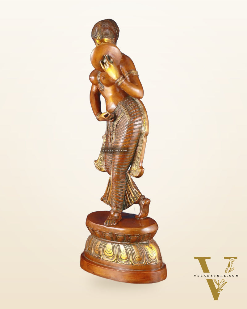 Brass Large Lady with Mirror Sculpture – Handcrafted Masterpiece, 36 Inch