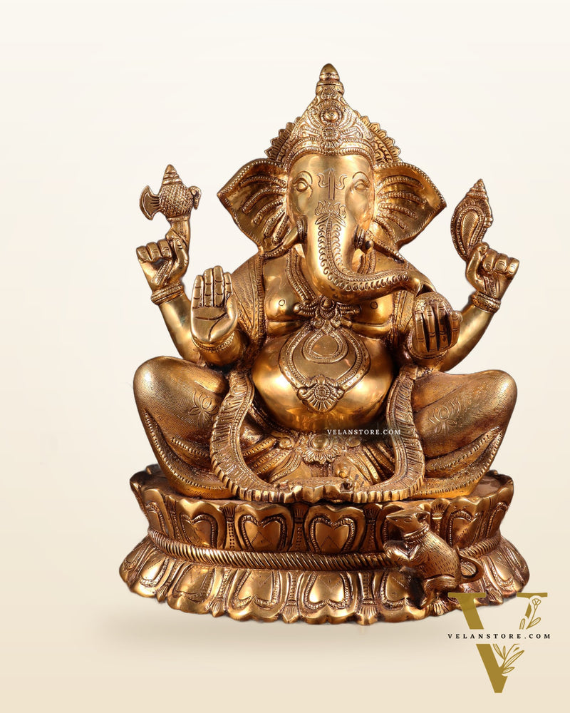 Brass Large Lord Ganesha Statue on Lotus Base 14"