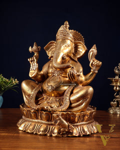 Brass Large Lord Ganesha Statue on Lotus Base 14"