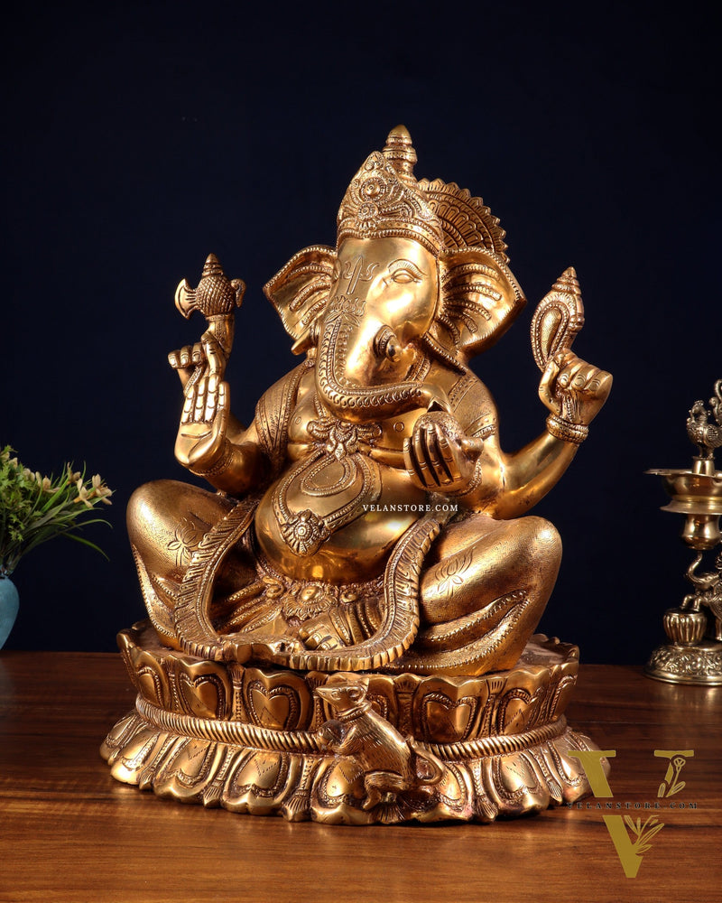 Brass Large Lord Ganesha Statue on Lotus Base 14"
