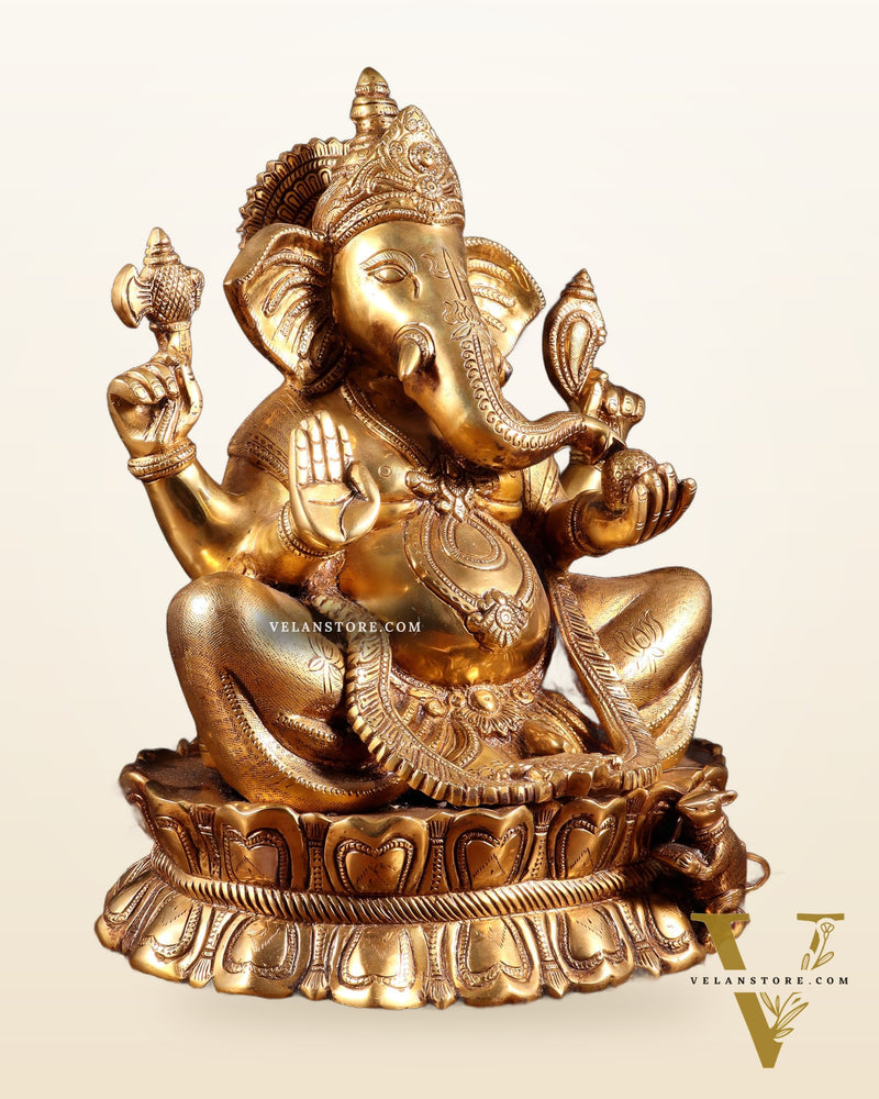 Brass Large Lord Ganesha Statue on Lotus Base 14"