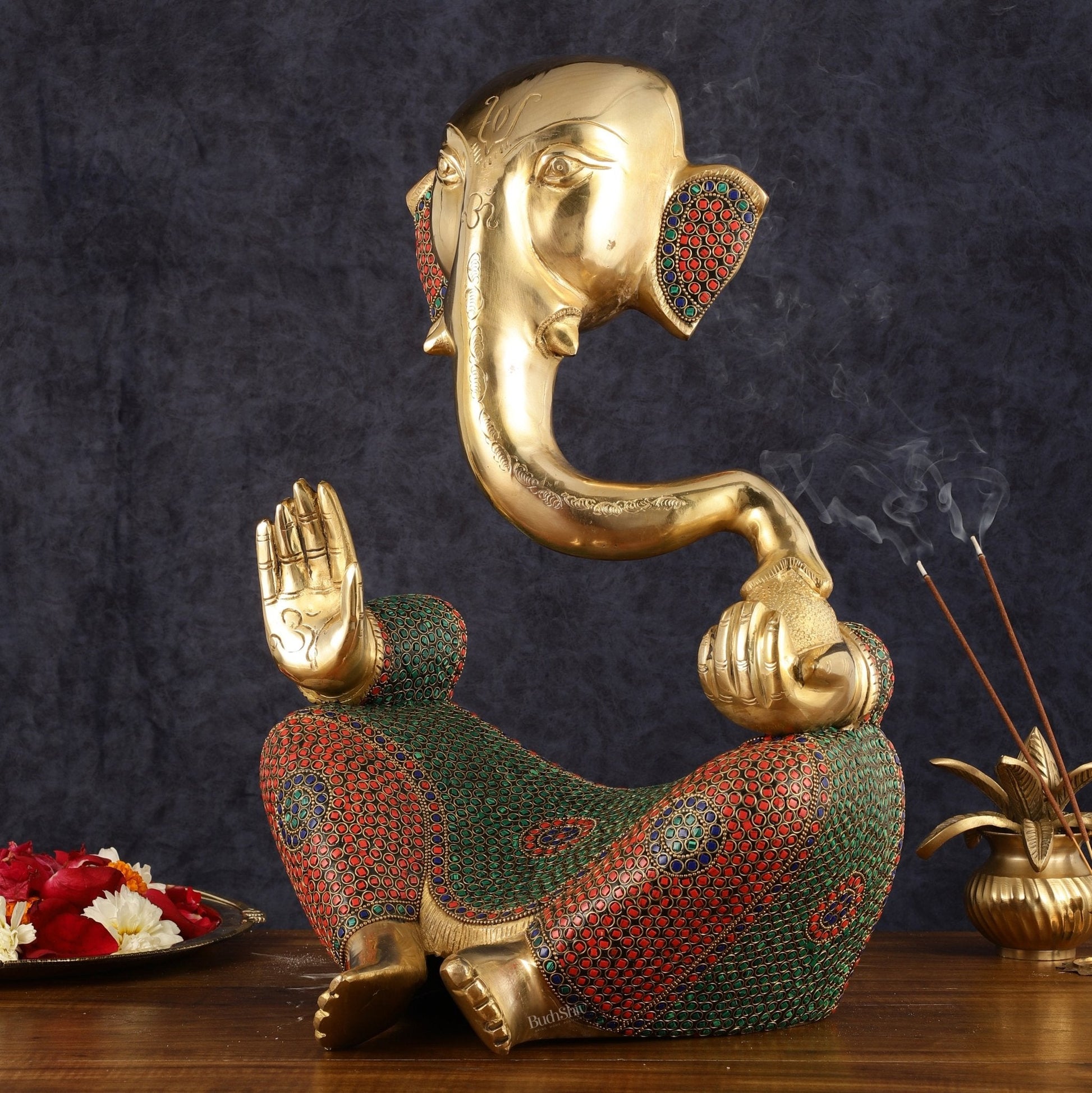 Brass large Modern Abstract Ganesha Statue with Stonework 18 "