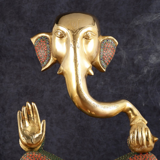 Brass large Modern Abstract Ganesha Statue with Stonework 18 "