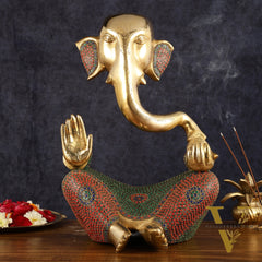 Brass large Modern Abstract Ganesha Statue with Stonework 18 "