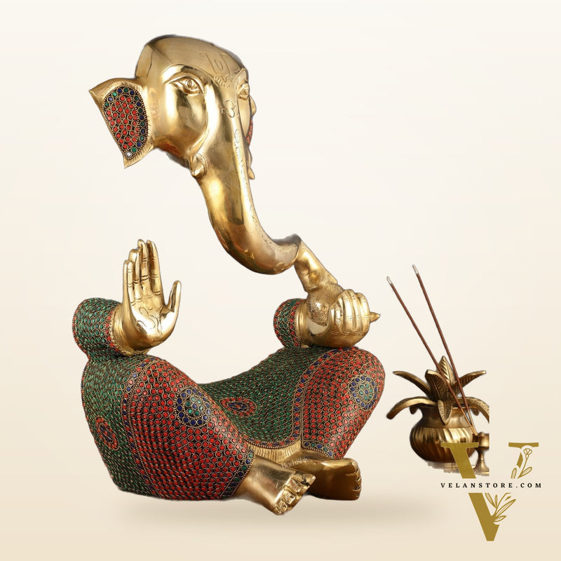 Brass large Modern Abstract Ganesha Statue with Stonework 18 "