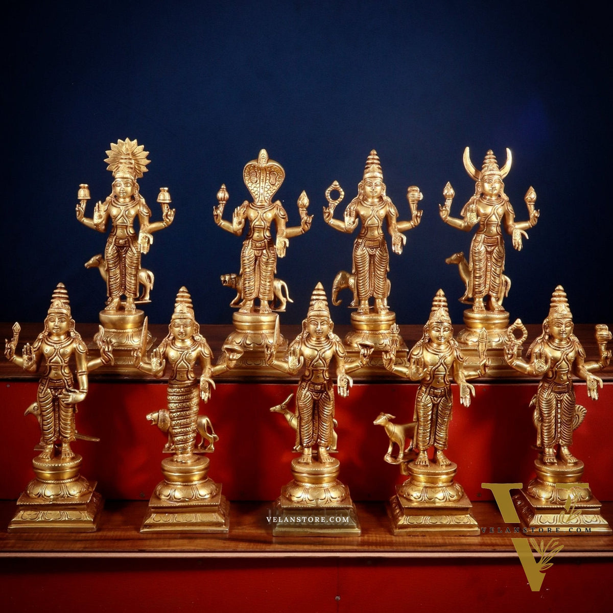 Brass Large Navagraha Idol Set – 12 inch Hindu Planets with Superfine Carvings
