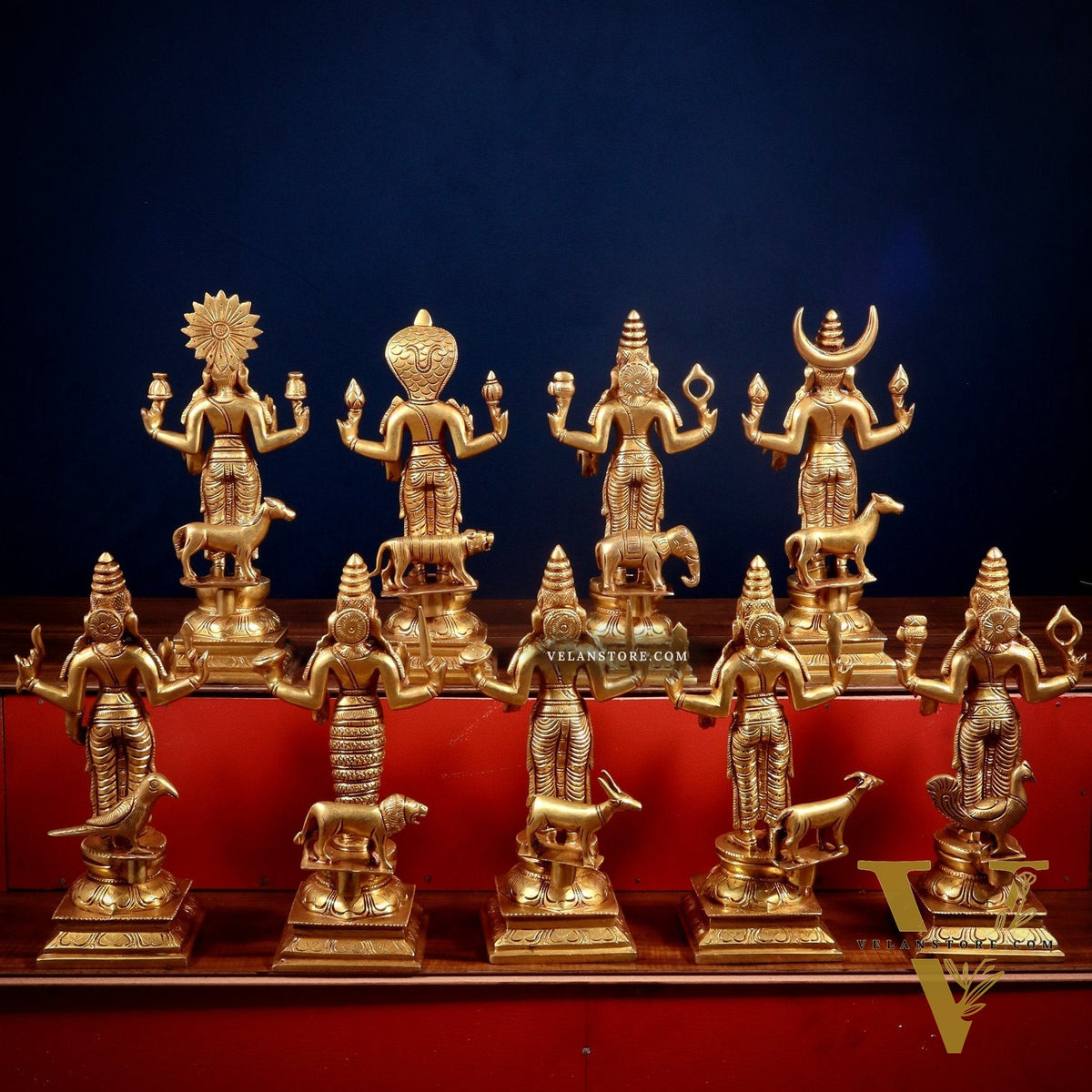 Brass Large Navagraha Idol Set – 12 inch Hindu Planets with Superfine Carvings
