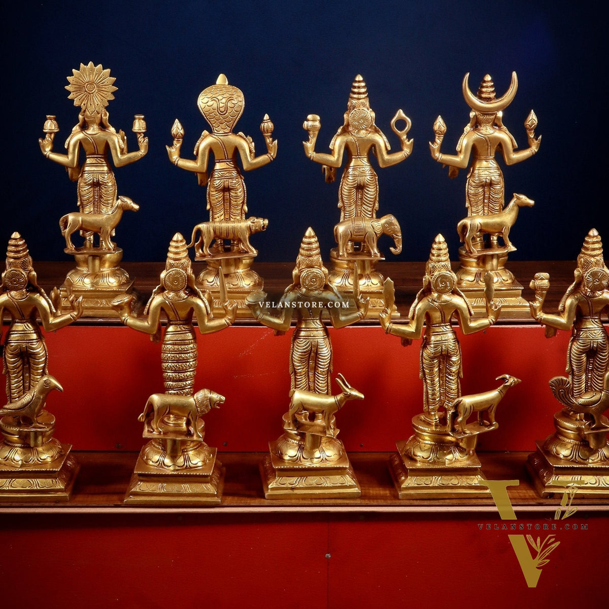 Brass Large Navagraha Idol Set – 12 inch Hindu Planets with Superfine Carvings