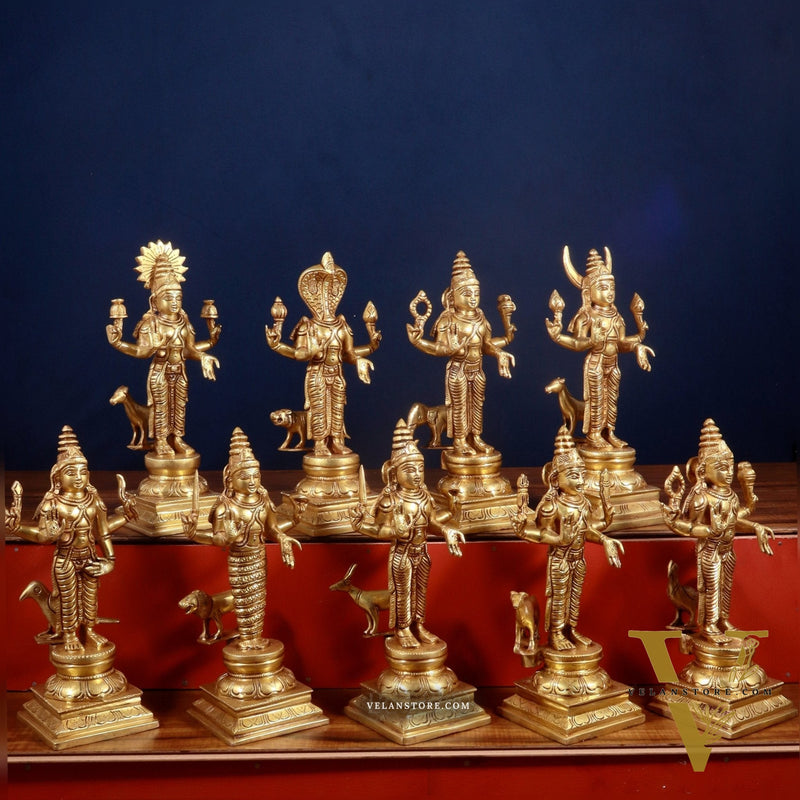 Brass Large Navagraha Idol Set – 12 inch Hindu Planets with Superfine Carvings
