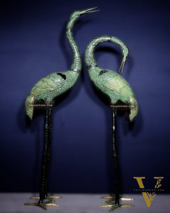 Brass Large Pair of birds Heron/Cranes Garden Statues – Antique Black & Green Patina 60"