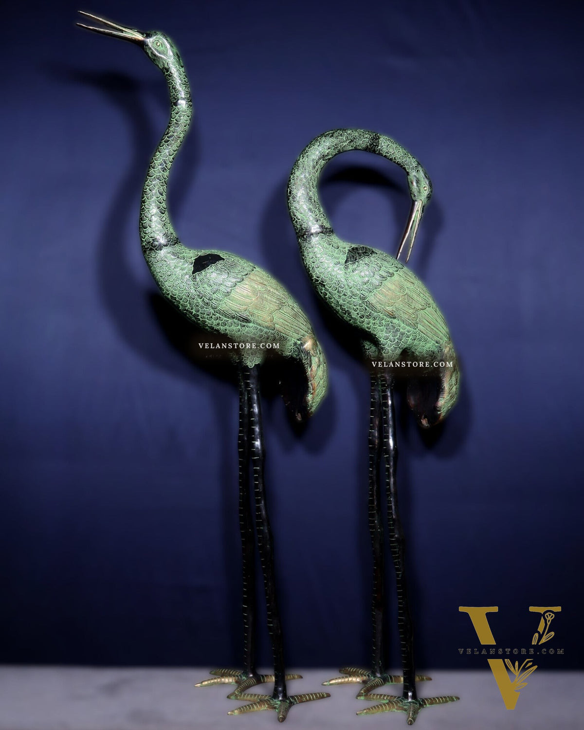 Brass Large Pair of birds Heron/Cranes Garden Statues – Antique Black & Green Patina 60"