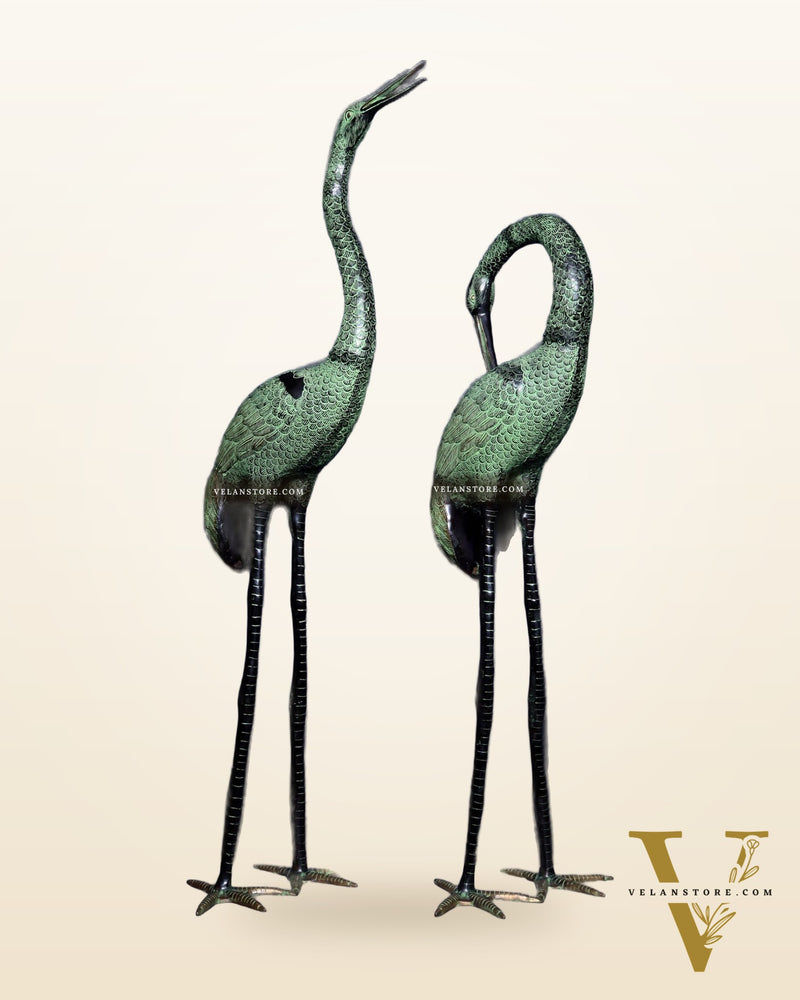 Brass Large Pair of birds Heron/Cranes Garden Statues – Antique Black & Green Patina 60"