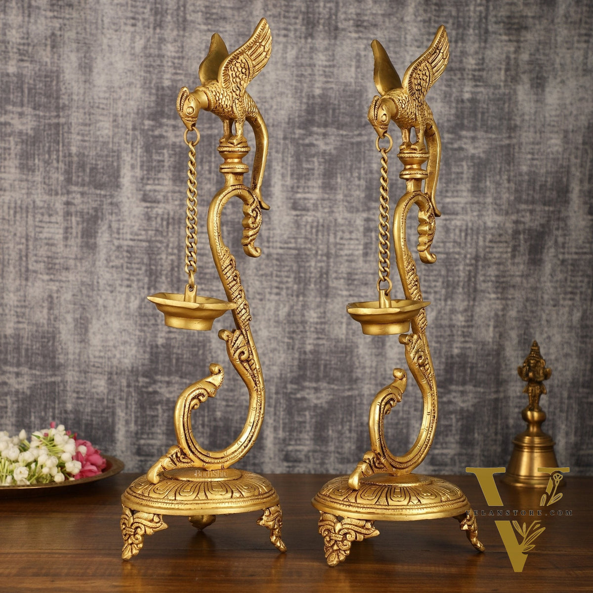 Brass Large Parrot Oil Lamp Diya Vilakku Pair | 17 Inch Height