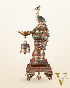 Brass Large Peacock Diya with Meenakari Stonework | 19-Inch Traditional Oil Lamp