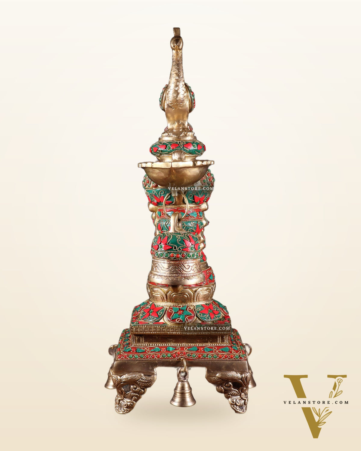 Brass Large Peacock Diya with Meenakari Stonework | 19-Inch Traditional Oil Lamp