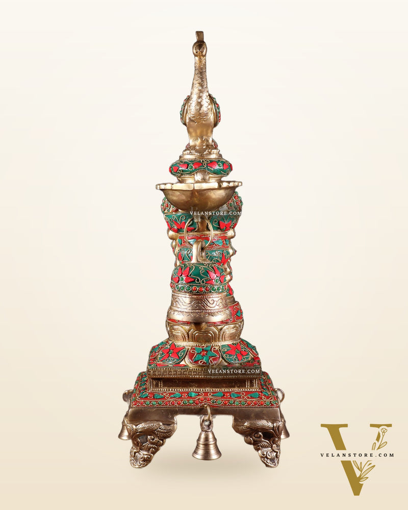 Brass Large Peacock Diya with Meenakari Stonework | 19-Inch Traditional Oil Lamp