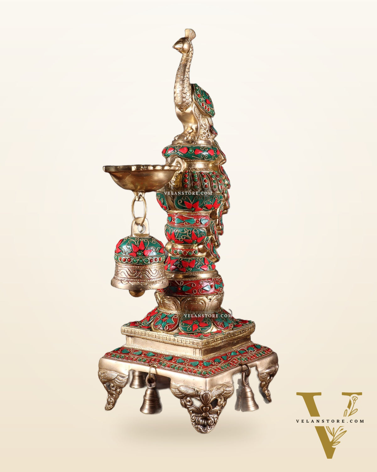 Brass Large Peacock Diya with Meenakari Stonework | 19-Inch Traditional Oil Lamp