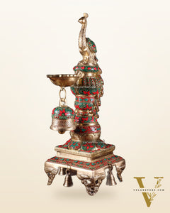 Brass Large Peacock Diya with Meenakari Stonework | 19-Inch Traditional Oil Lamp