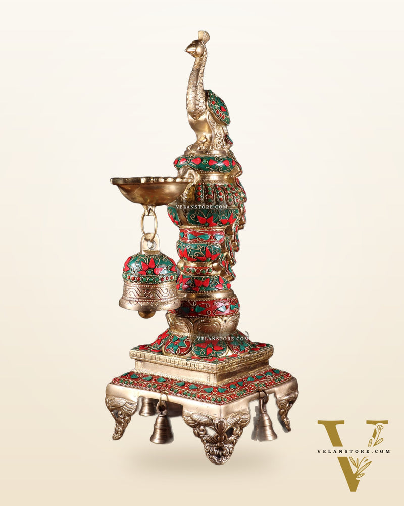 Brass Large Peacock Diya with Meenakari Stonework | 19-Inch Traditional Oil Lamp